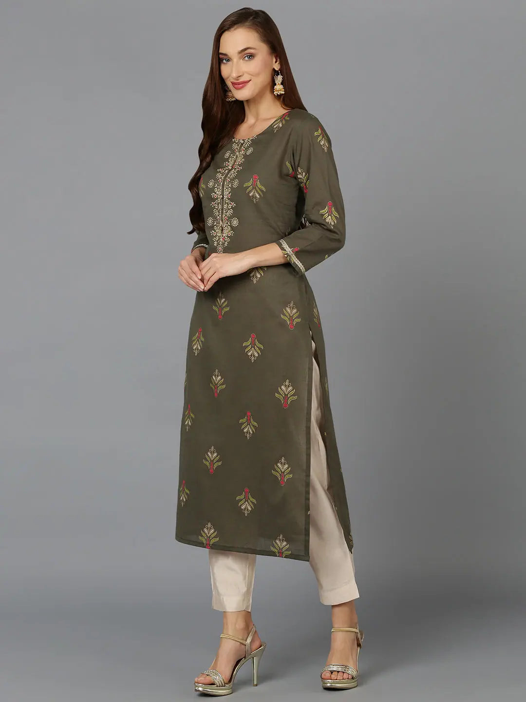 Elegant Embroidered Indian Kurta: Cotton Pine Green for Women