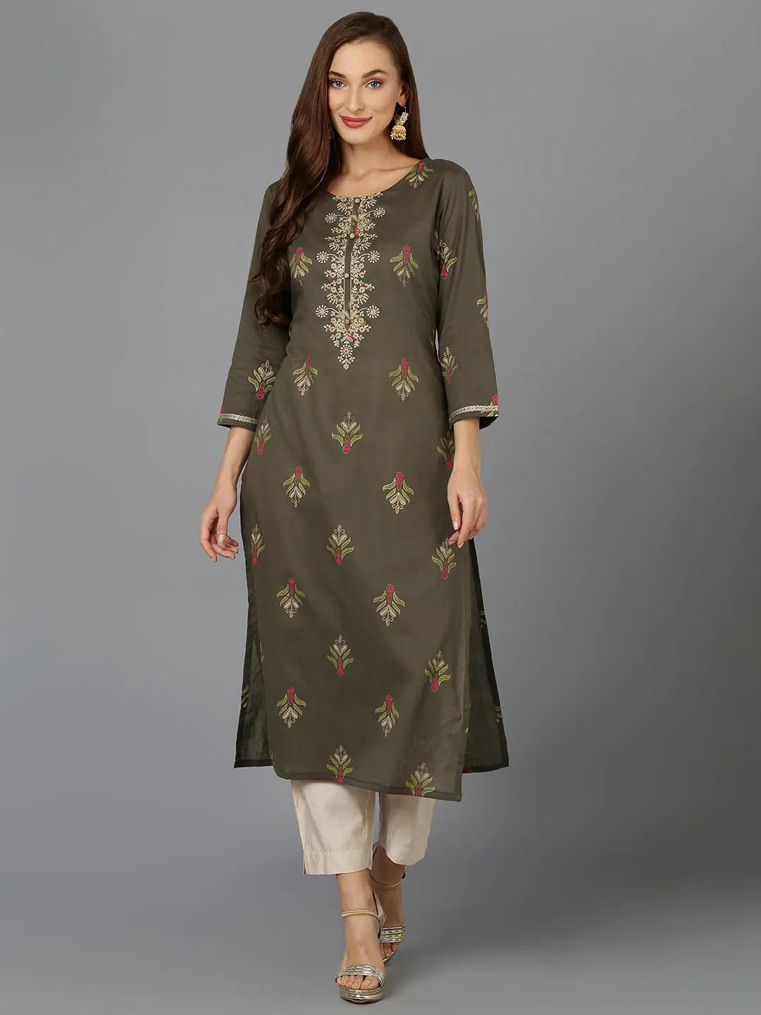 Elegant Embroidered Indian Kurta: Cotton Pine Green for Women