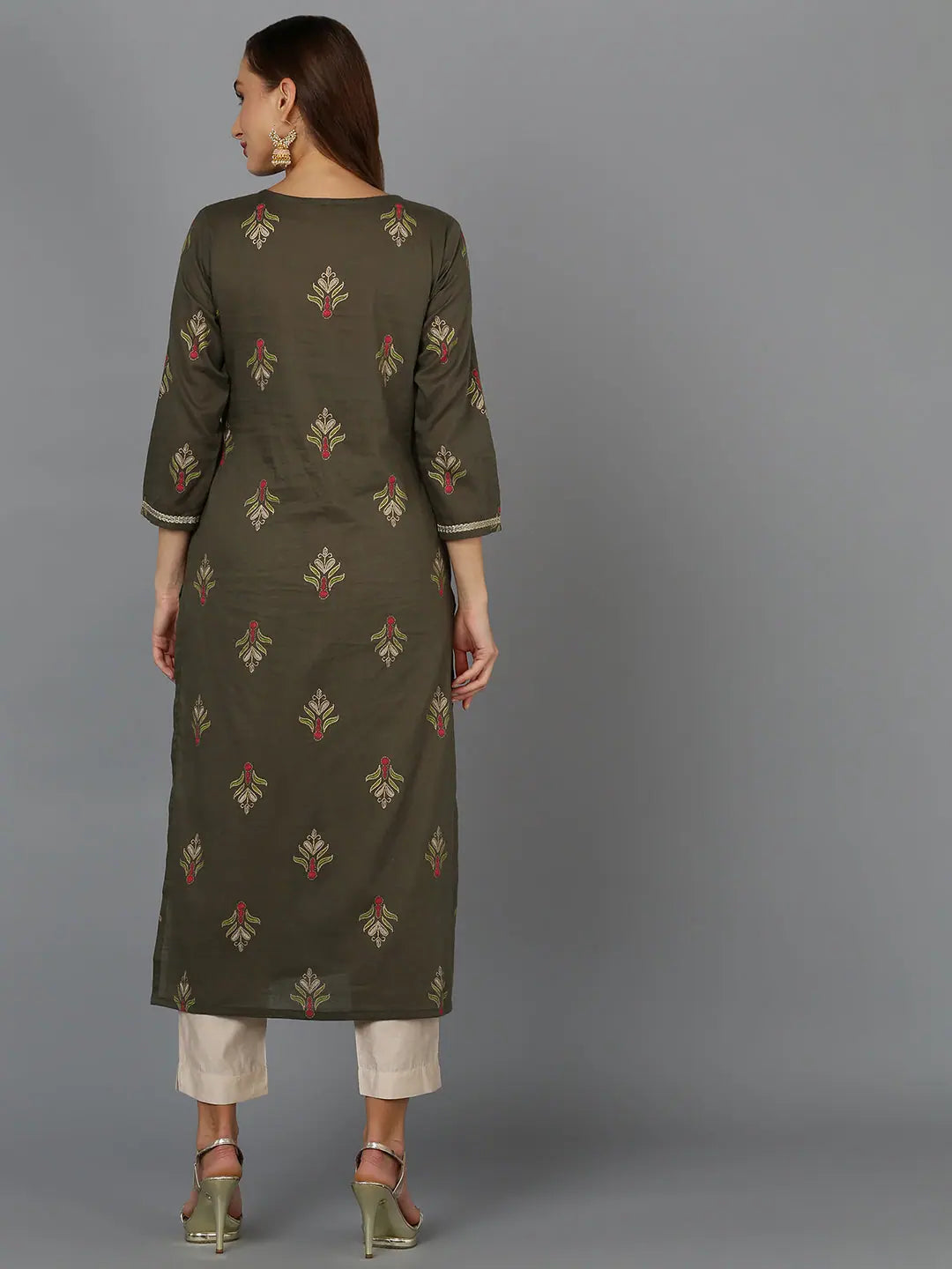 Elegant Embroidered Indian Kurta: Cotton Pine Green for Women