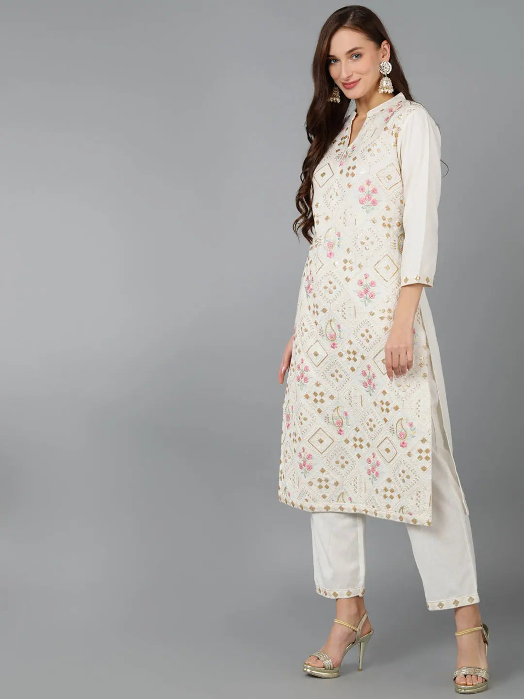 Cotton Embroidered Kurta Trouser Set - Women's Indian Style