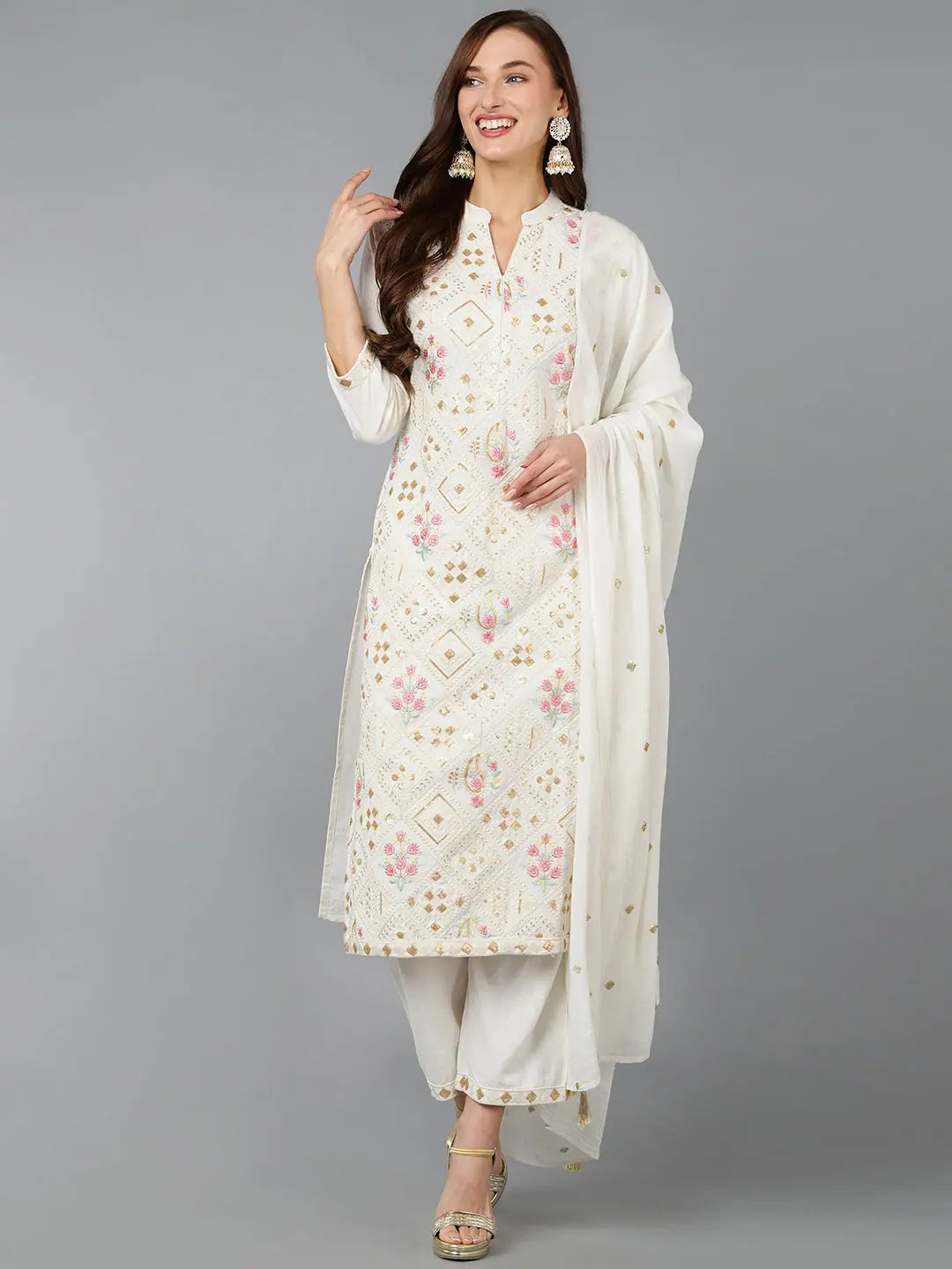 Cotton Embroidered Kurta Trouser Set - Women's Indian Style