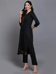 Cotton Black Embroidered Straight Kurta Pant With