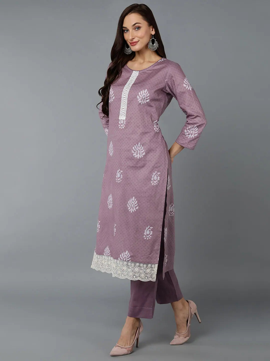 Lilac Silk Blend Printed Kurta Pant Set | Women's Kurta Sets - Style 1