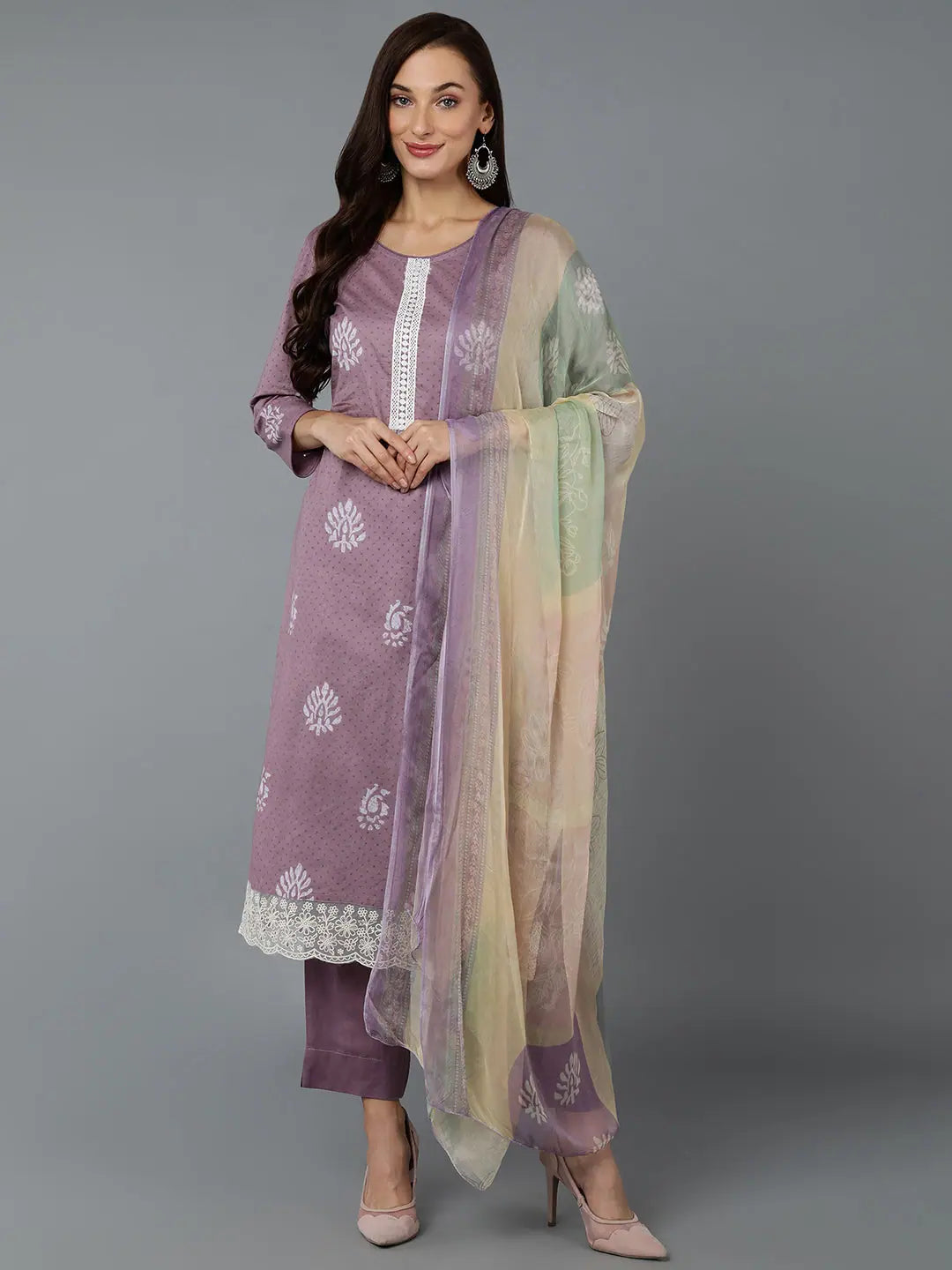Lilac Silk Blend Printed Kurta Pant Set | Women's Kurta Sets - Style 1