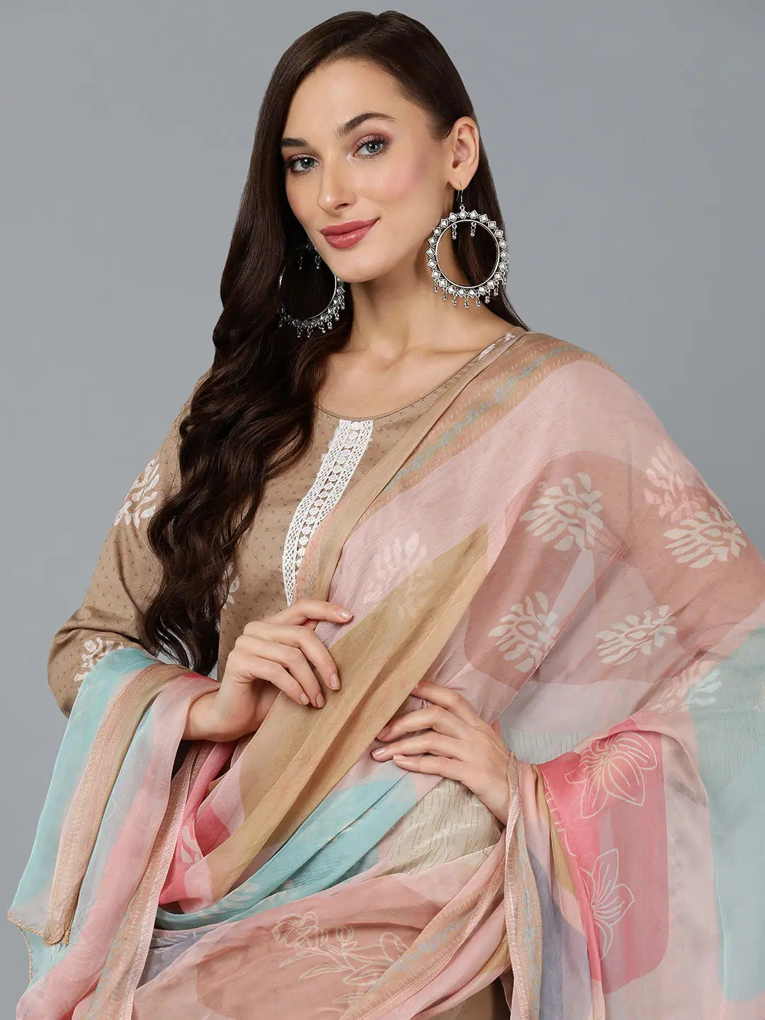 Taupe Printed Silk Blend Kurta Set | Women's Kurta Sets Online