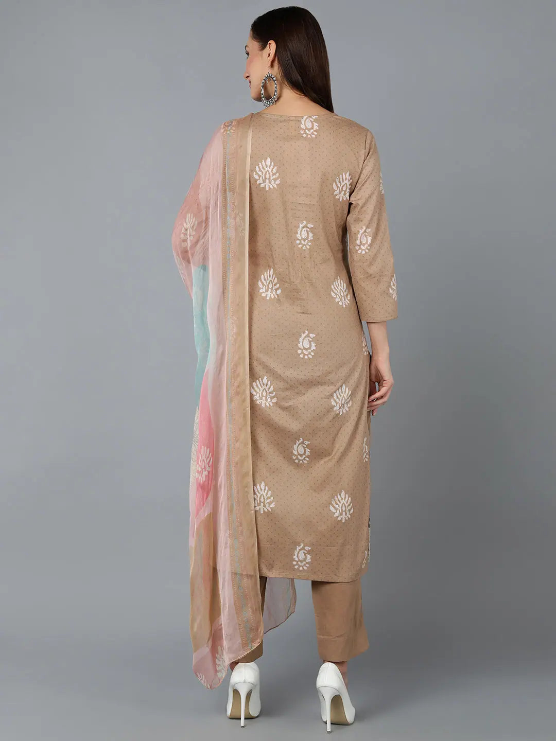Taupe Printed Silk Blend Kurta Set | Women's Kurta Sets Online