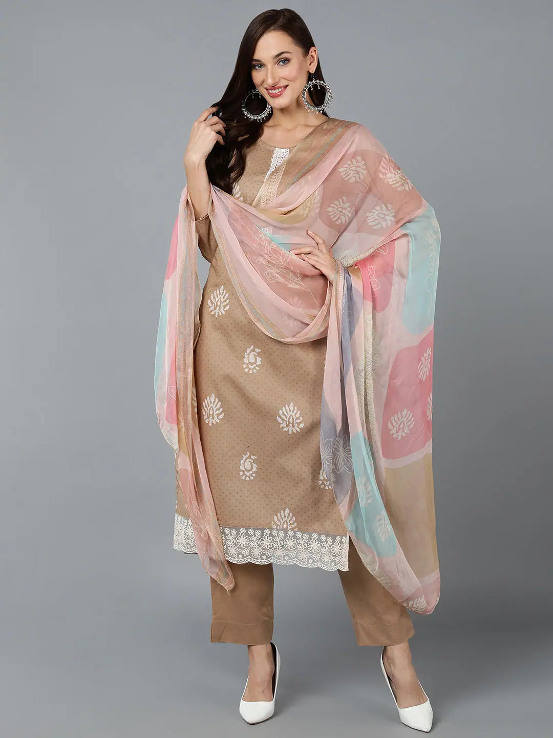 Taupe Printed Silk Blend Kurta Set | Women's Kurta Sets Online