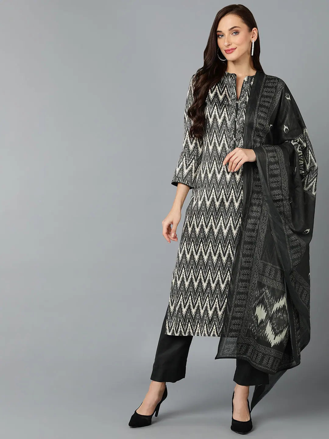 Stylish Charcoal Silk Blend Printed Kurta Set | Women's Indian Kurta Sets