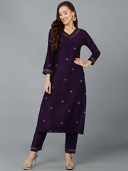 Silk Blend Purple Straight Kurta With Pant-VKSET1406