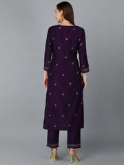 Silk Blend Purple Straight Kurta With Pant-VKSET1406