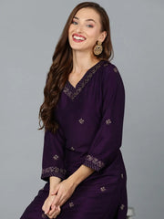 Silk Blend Purple Straight Kurta With Pant-VKSET1406