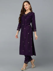 Silk Blend Purple Straight Kurta With Pant-VKSET1406