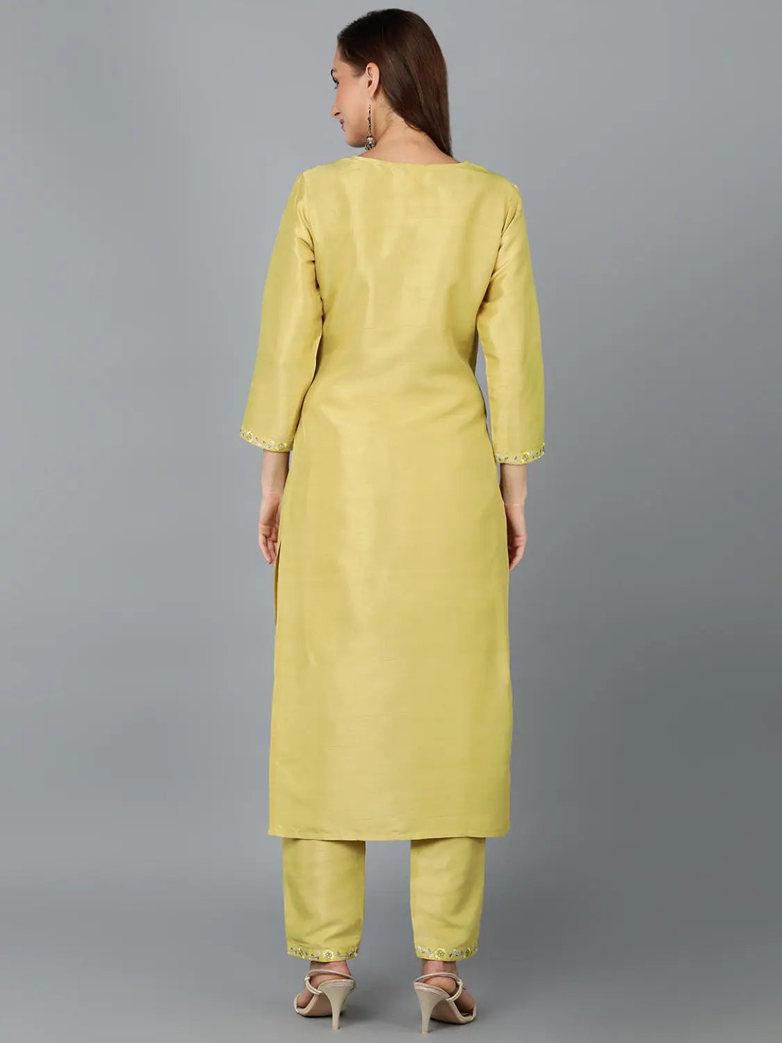 Silk Blend Kurta - Banana Yellow Embroidered Ethnic Kurta Set