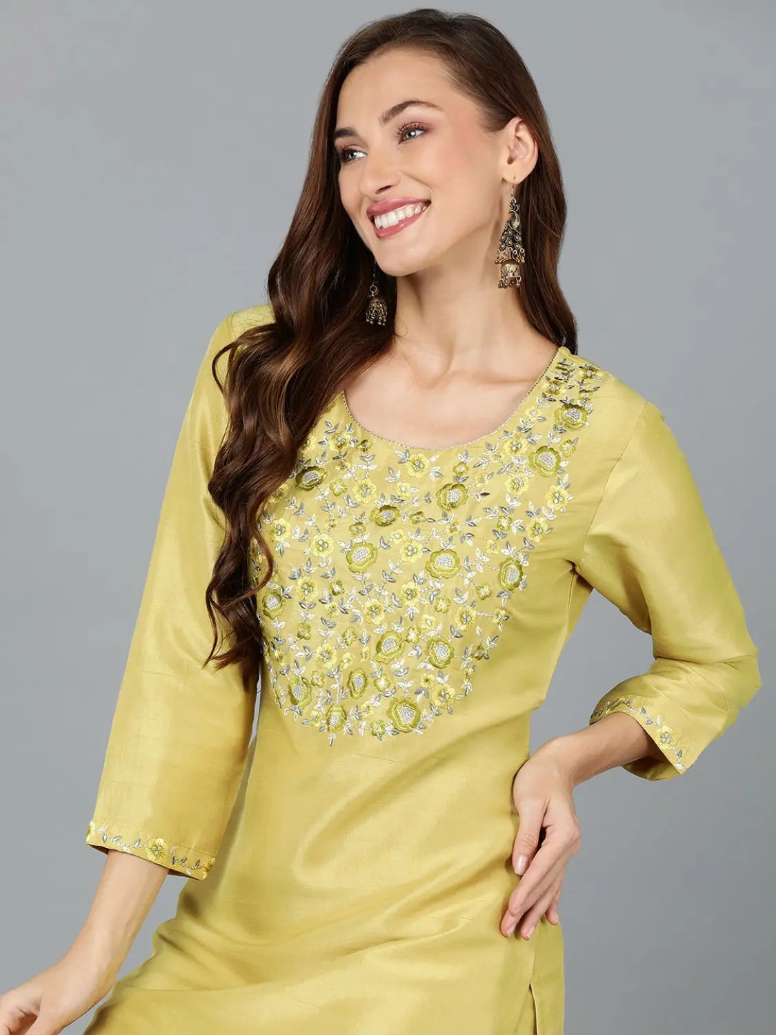 Silk Blend Kurta - Banana Yellow Embroidered Ethnic Kurta Set