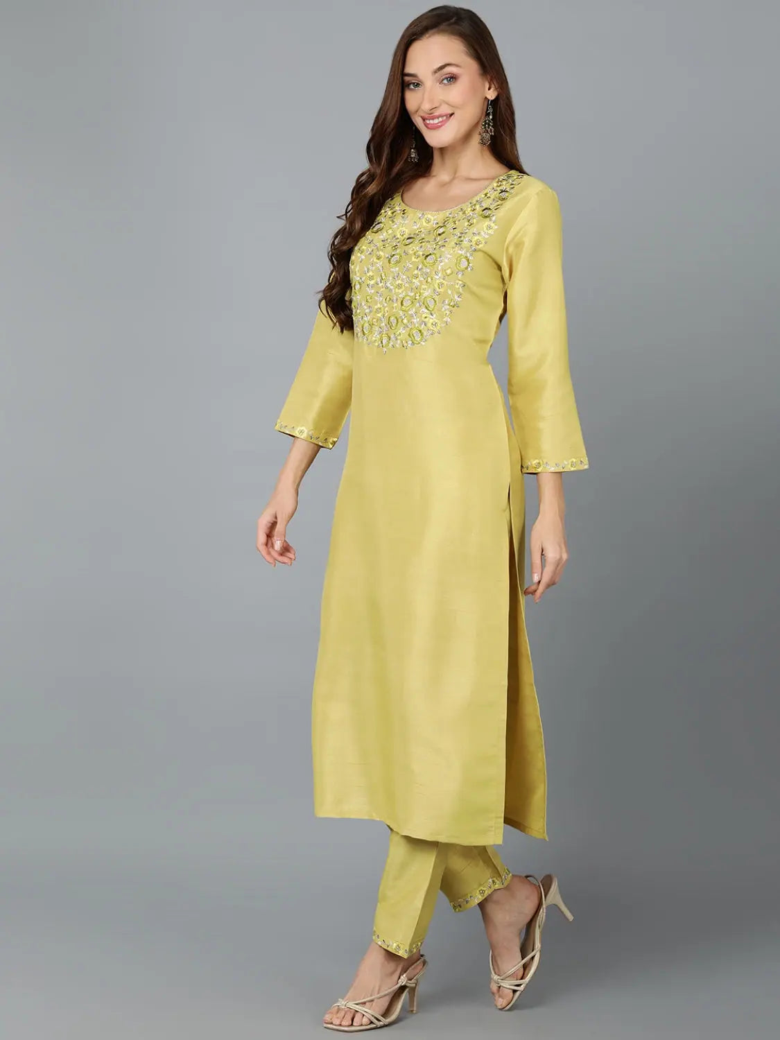 Silk Blend Kurta - Banana Yellow Embroidered Ethnic Kurta Set