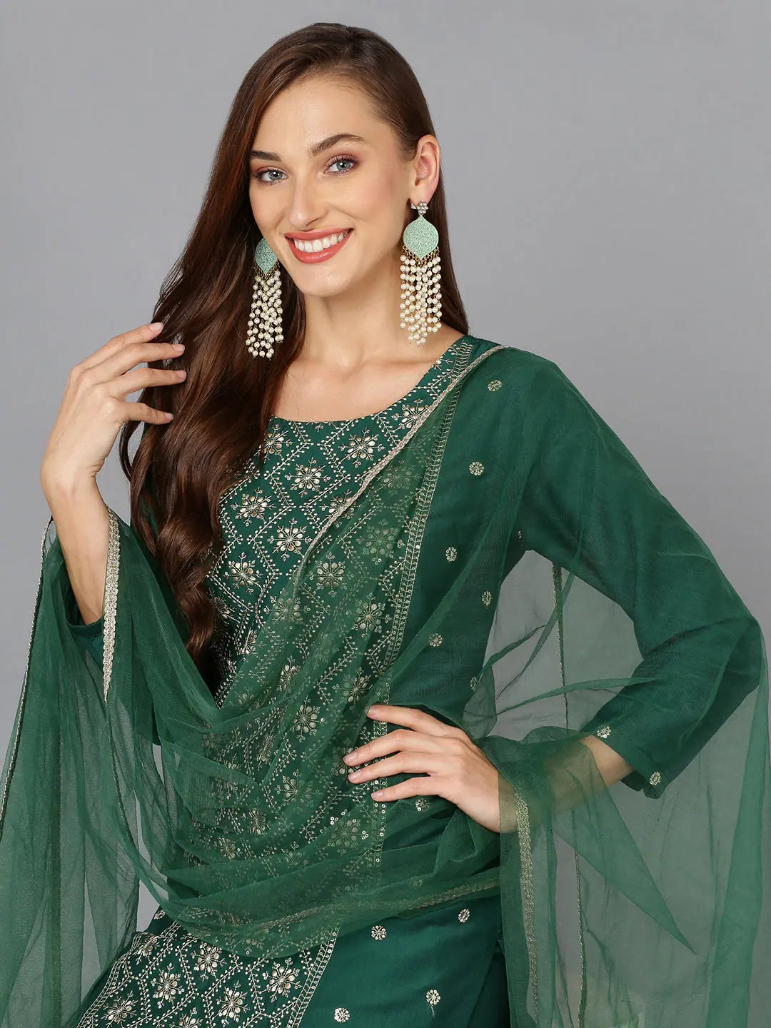 Dark Green Silk Blend Party Wear | Designer Lehenga Online