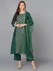 Dark Green Silk Blend Embroidered Party wear-VKSKD1783