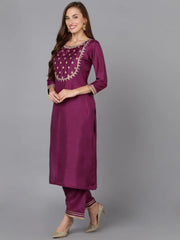 Purple Silk Blend Embroidered Suit Set