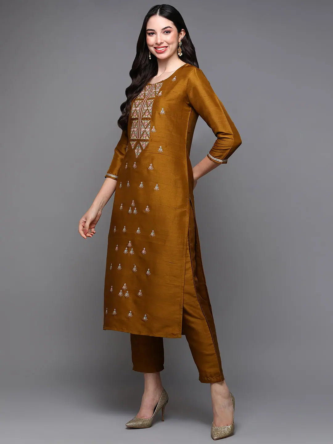 Mustard Silk Embroidered Kurta | Women's Lehenga Collection