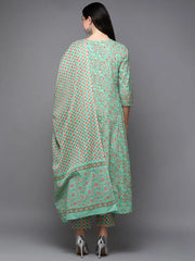 Cotton Green Ethnic Motif Printed Flared Kurta
