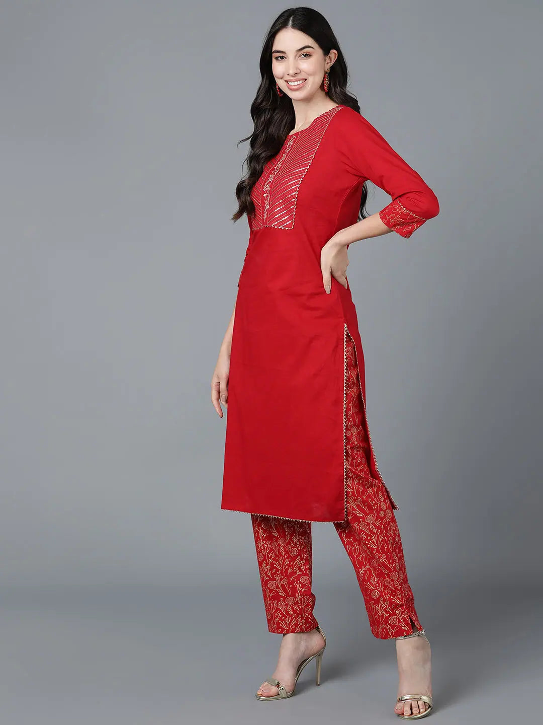 Cotton Blend Embroidered Kurta & Trousers - Ethnic Lehenga