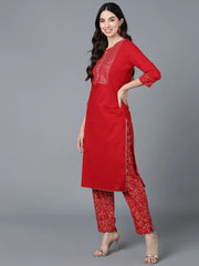 Cotton Blend Embroidered Kurta Trousers With