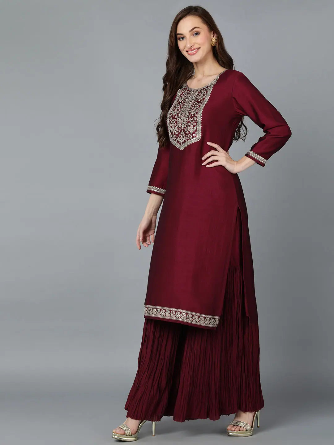 Wine Embroidered Festive Suit | Women's Indian Kurta Sets
