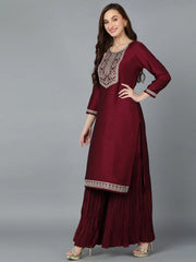 Wine Silk Blend Embroidered Festive wear Suit-VKSKD1753