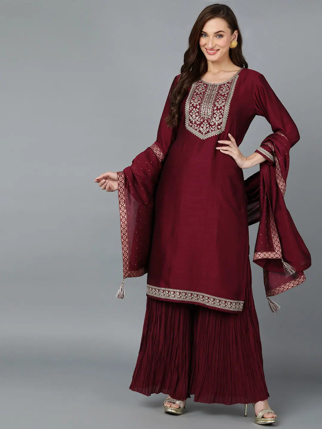 Wine Embroidered Festive Suit | Women's Indian Kurta Sets