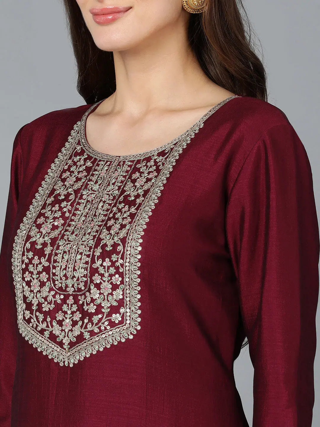 Wine Embroidered Festive Suit | Women's Indian Kurta Sets
