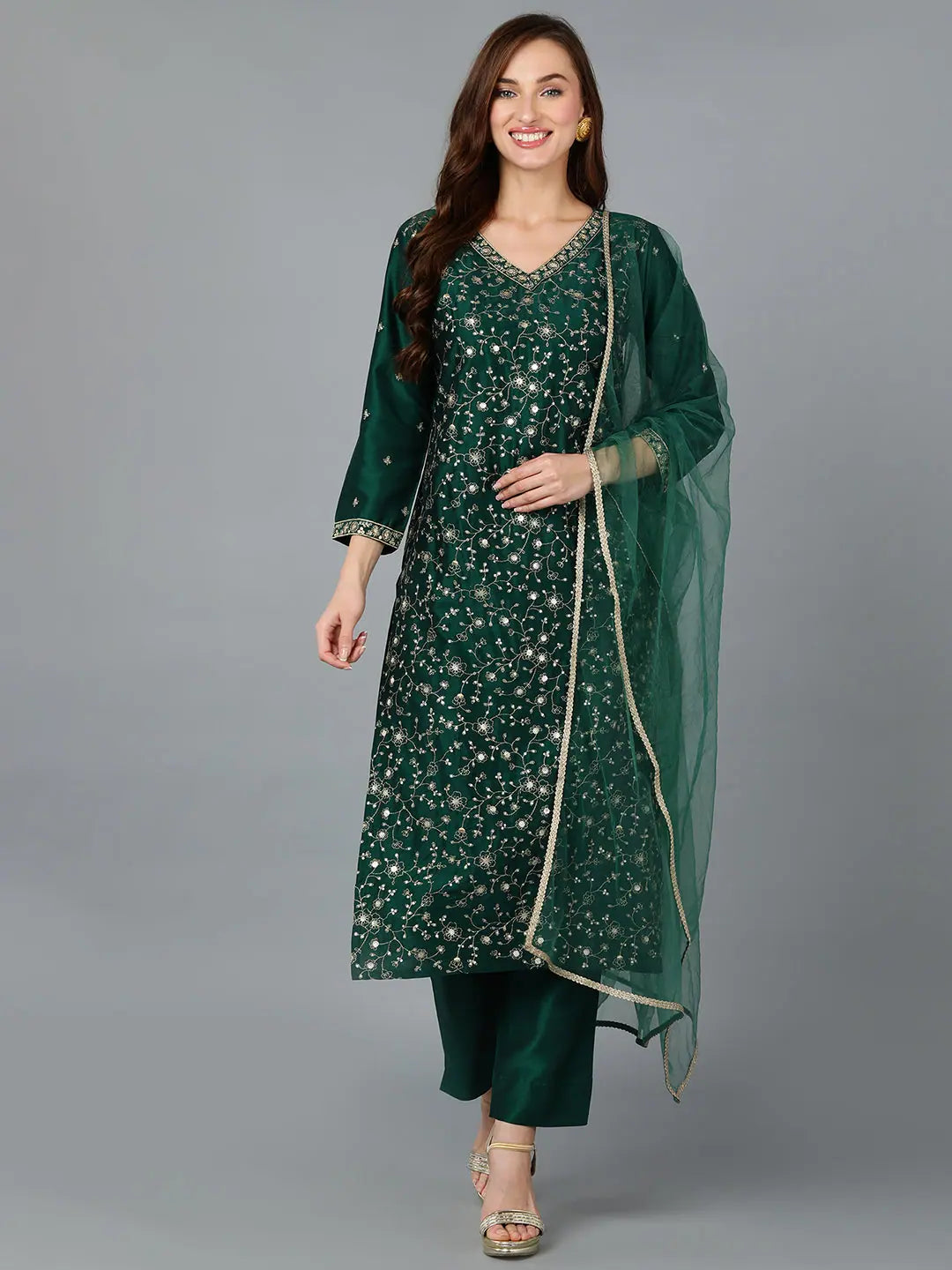 Dark Green Silk Blend Embroidered Party Wear Ethnic Lehenga