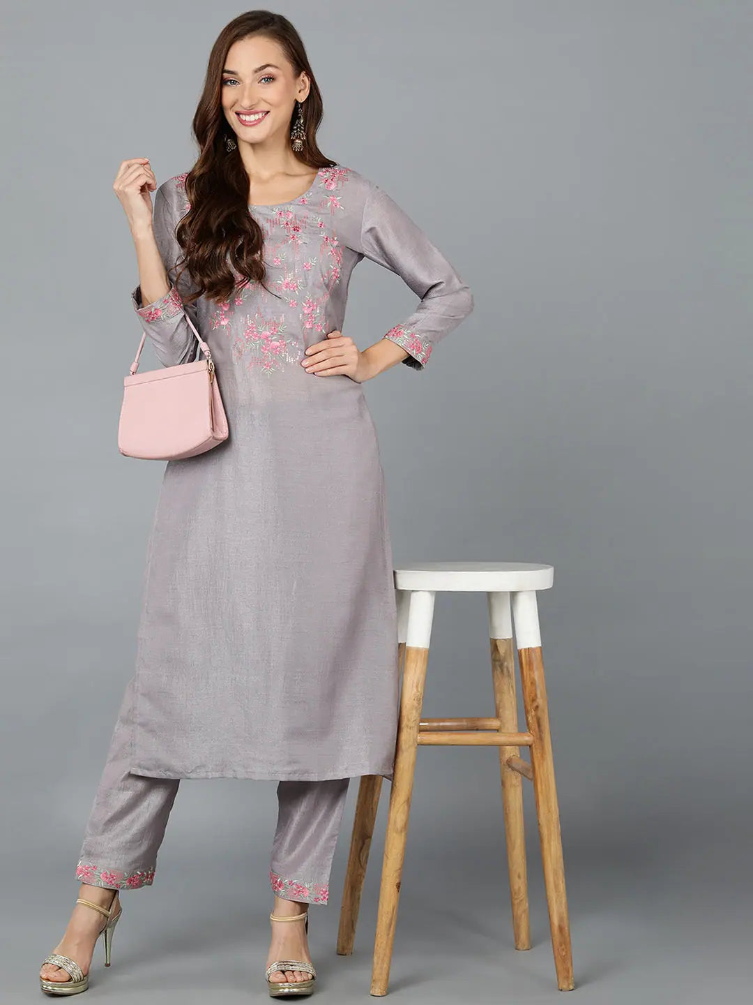 Ethnic Silk Blend Embroidered Kurta Set | Women's Designer Kurta Sets