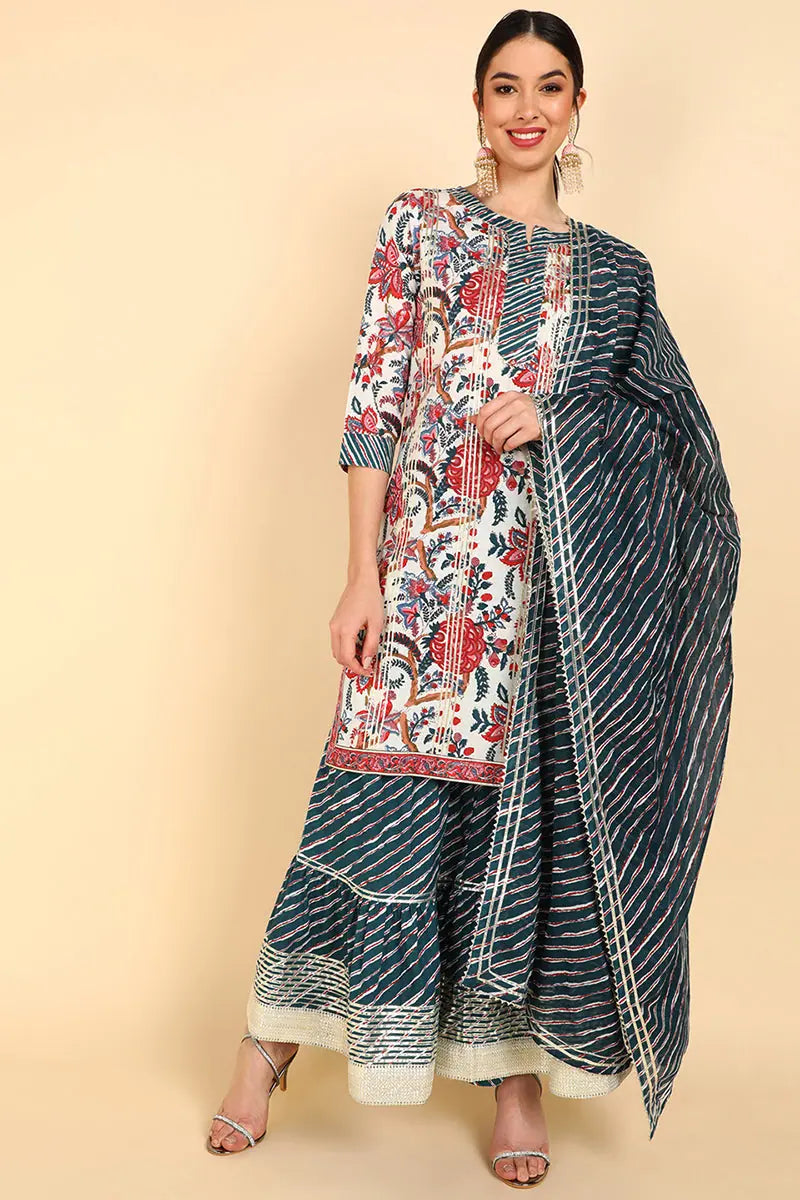 Cotton Floral Printed Kurta Sharara With