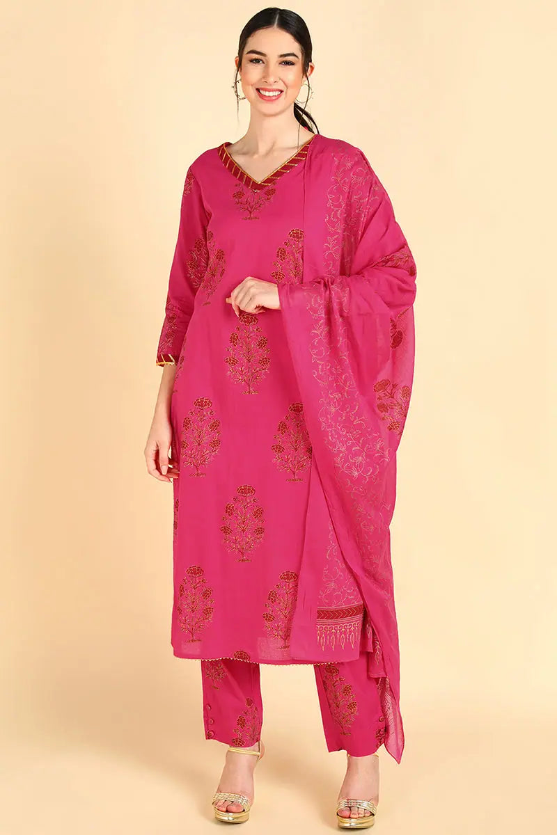 Cotton Printed Kurta Pant Dupatta Set - Women's Kurta Sets