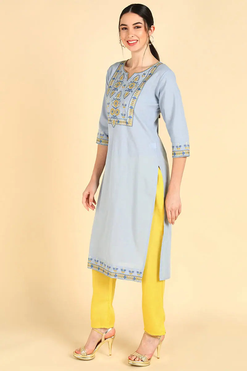 Cotton Embroidered Kurta Pant Dupatta Set - Indian Kurta Sets
