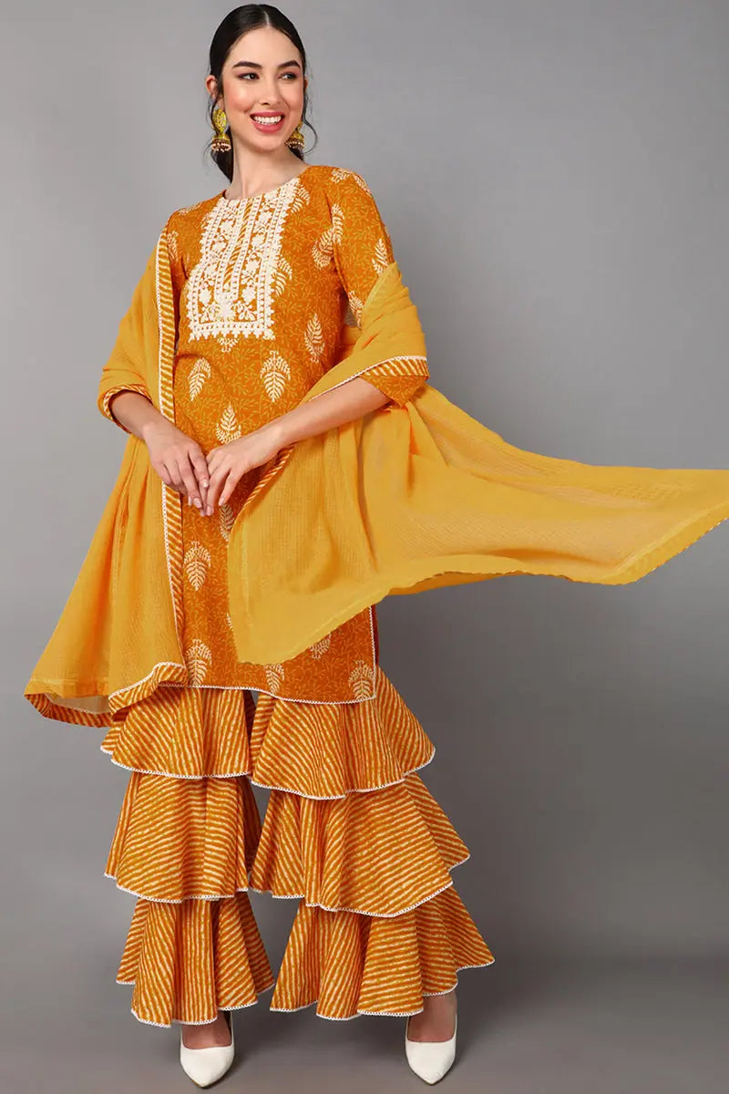 Cotton Printed Kurta Sharara Set - Traditional Indian Lehenga