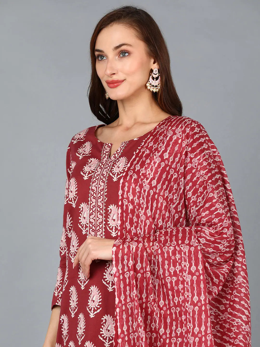 Maroon Floral Printed Cotton Kurta Sets | Women's Kurtas