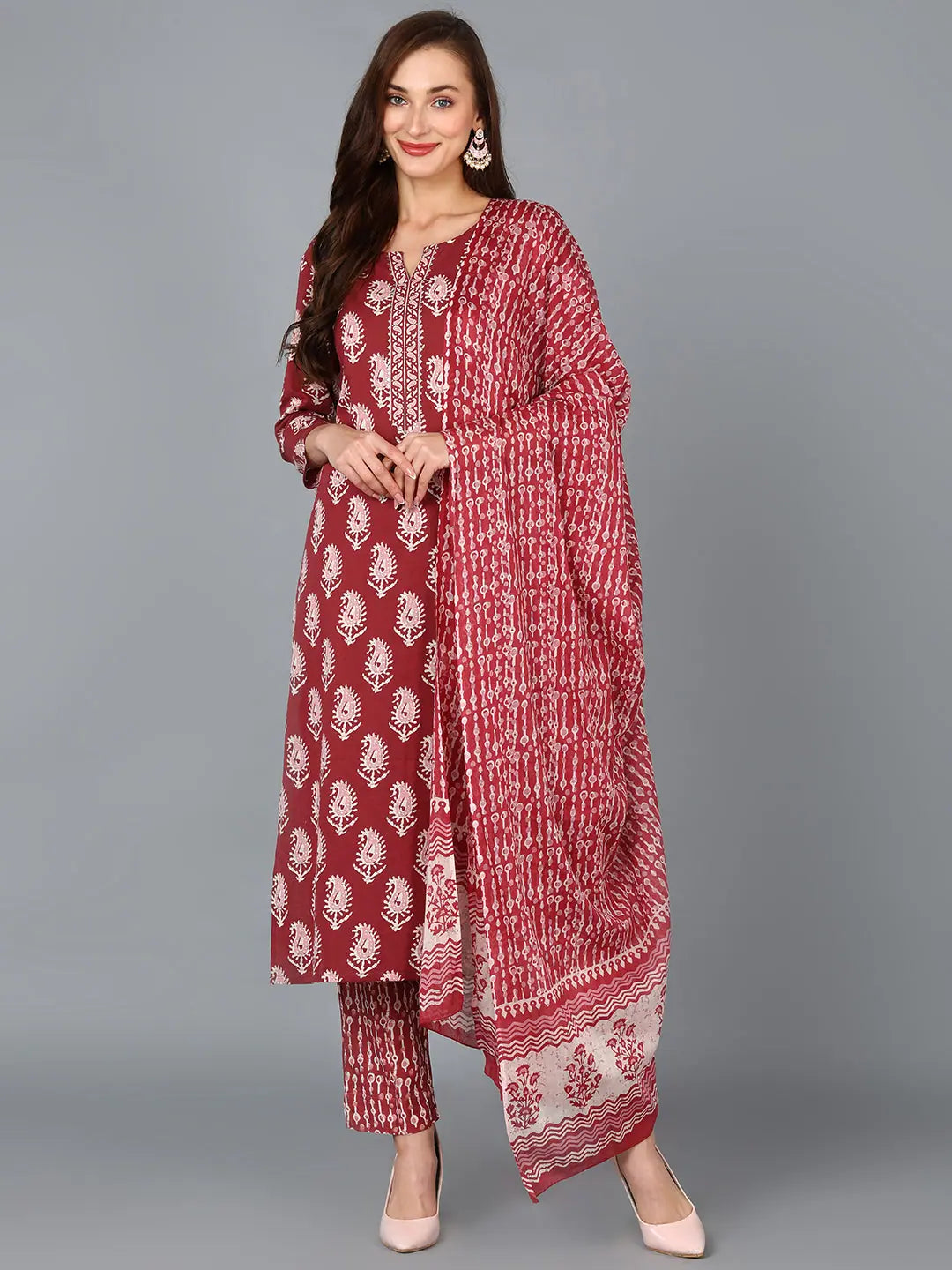 Maroon Floral Printed Cotton Kurta Sets | Women's Kurtas