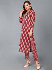 Women Maroon Cotton Blend Floral Printed