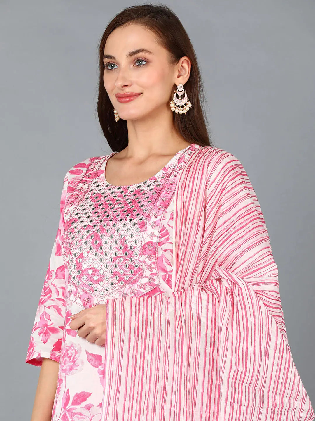 Floral Printed Cotton Kurta Set - Women's Indian Kurta Sets - Style 1