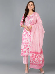 Women White Cotton Blend Floral Printed-VKSKD1489A