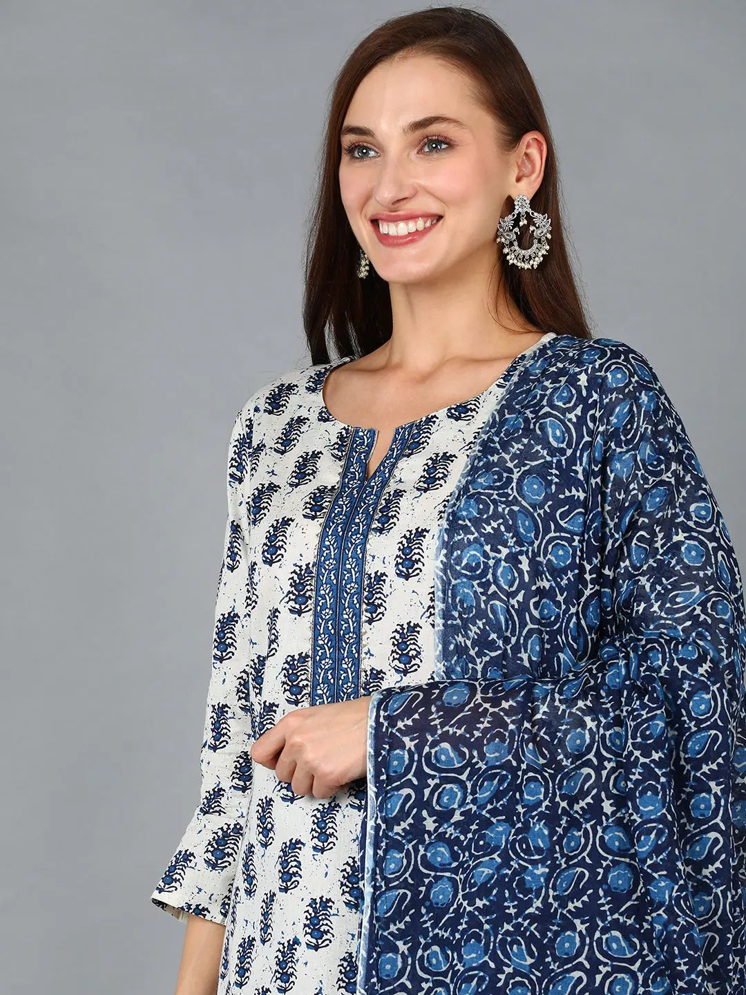 White Paisley Printed Cotton Kurta Sets | Women's Kurta Sets