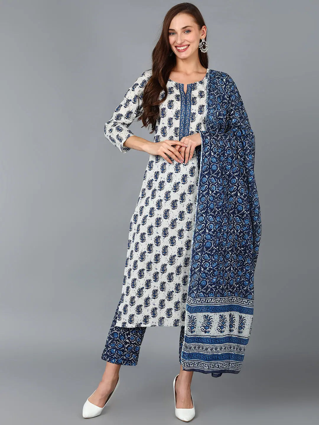 White Paisley Printed Cotton Kurta Sets | Women's Kurta Sets