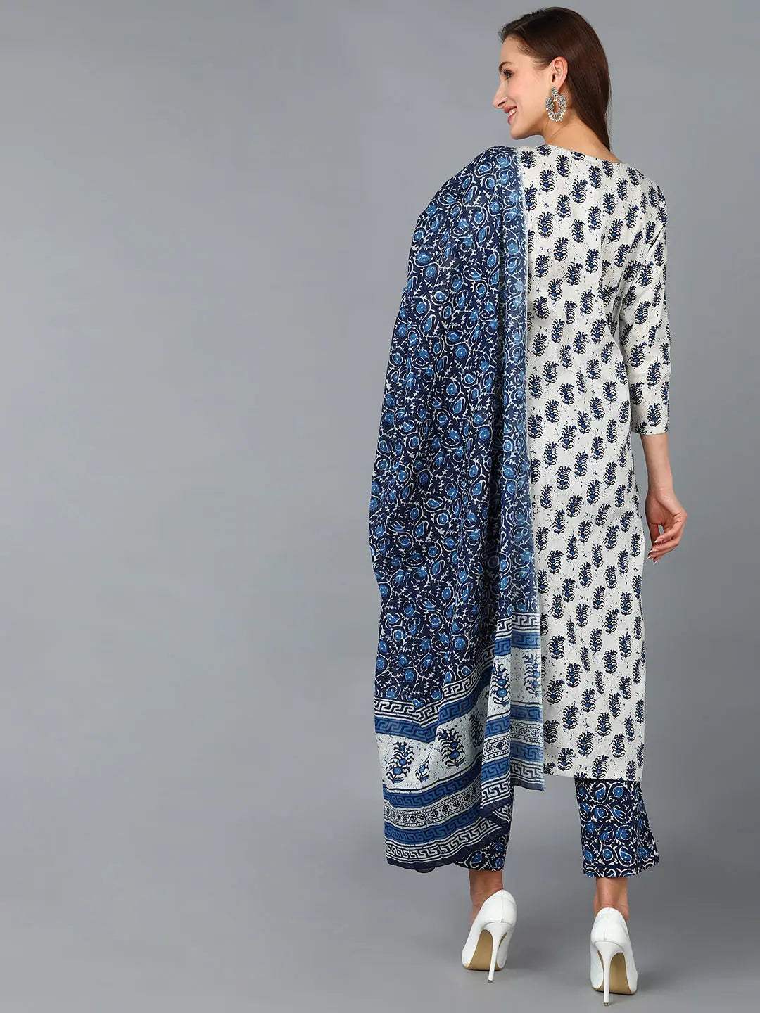 White Paisley Printed Cotton Kurta Sets | Women's Kurta Sets