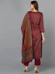 Maroon Cotton Straight Kurta Pant With Dupatta-VKSKD1801A