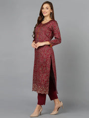 Maroon Cotton Straight Kurta Pant With Dupatta-VKSKD1801A