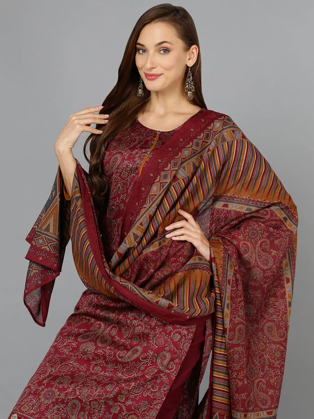 Maroon Printed Cotton Kurta Set with Dupatta | Women's Kurta