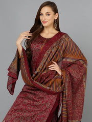 Maroon Cotton Straight Kurta Pant With Dupatta-VKSKD1801A