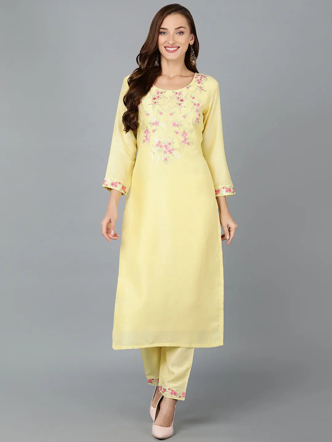 Embroidered Women's Silk Blend Indian Kurta Set With Dupatta