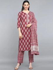 Cotton Blend Printed Kurta Pant Dupatta-VKSKD1030AB